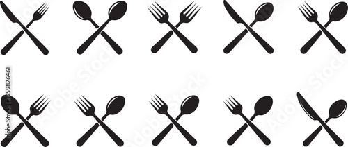 Set of Fork, spoon and knife icon symbol and Dining Utensils Vector Set on white background.Eatery symbol. Kitchen utensil vector illustration. Tableware serving sign. Crossed fork and spoon pictogram