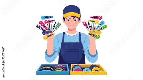 Hair Accessories Vendor: A smiling vendor presents a vibrant array of hair accessories. showcasing the beauty and diversity of style