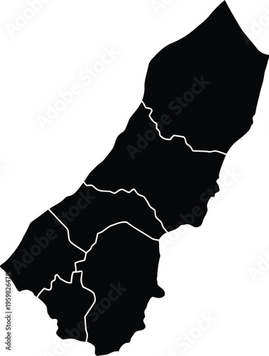 Black silhouette map of the gaza strip showing its five main administrative governorates.