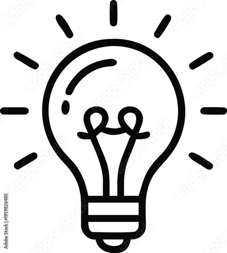 A simple black and white line drawing depicts a classic lightbulb radiating beams of light from its rounded glass enclosure high quality professional detailed modern elegant
