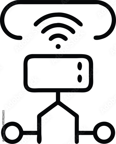 A black and white line art illustration depicts a robotic vacuum cleaner with wifi connectivity suggesting smart home technology high quality professional detailed modern elegant stylish