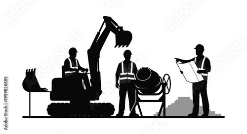 Construction workers operating machinery and reviewing blueprints a black silhouette