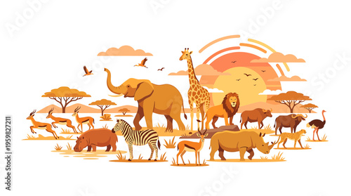 African Safari Wildlife Animals Herd Silhouette at Sunset
