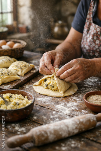 Senior woman preparing homemade flaounes, a traditional cypriot cheese pastry, on a rustic wooden table in a home kitchen. Ingredients flour on table. AI generated