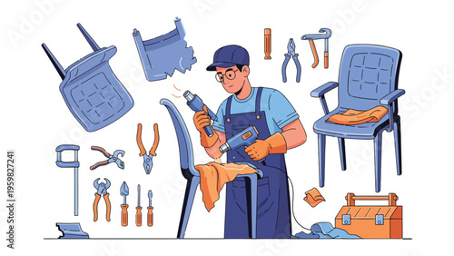 Chair Restoration Illustration: A skilled craftsman meticulously repairs and restores a chair using various tools, showcasing the art of furniture restoration and repair.
