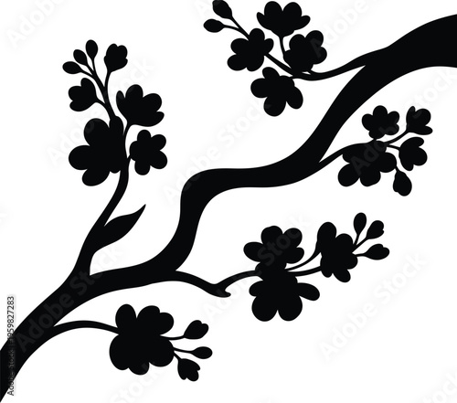 Graceful black silhouette of a flowering branch, symbolizing spring, nature, and oriental beauty, flawless for layout.