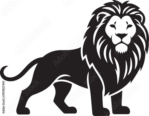 The lion symbol is a stylized graphic representation of a lion, frequently used in branding, heraldry, and architectural signage to denote strength, authority,  isolated on white background