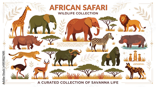 African Safari Wildlife Collection: Diverse Animals in Savanna Landscape