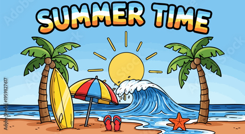 Summer Time beach vector illustration, tropical ocean landscape with palm trees and surfboard, sunny seaside vacation background with waves