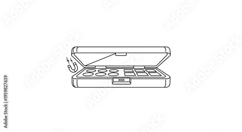 Open makeup palette with magnetic eyeshadow pans and mirror, artistic sketch