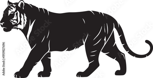 Black tiger silhouette powerful predator walking minimalist vector illustration for wildlife and safari themes isolated on white background
