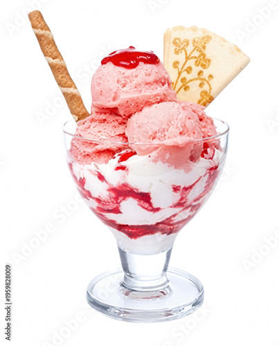 Strawberry Ice Cream Sundae with Wafers and Syrup