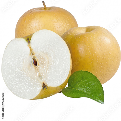 Fresh Golden Asian Pears with a Sliced Half and Green Leaf