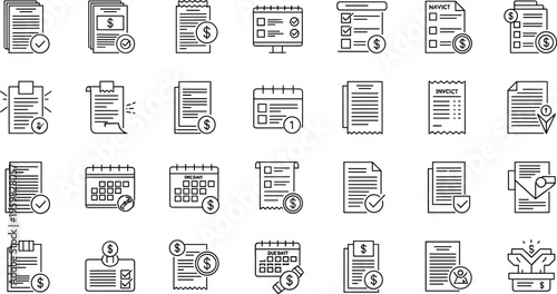 Financial Report and Document Management Icons Set Featuring Invoice, Calendar, Bill Payment, and Financial Tracking Symbols