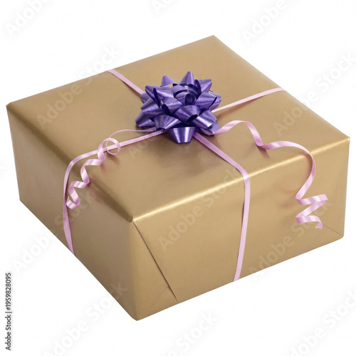 Elegant Gold Wrapped Gift Box with Purple Ribbon and Bow