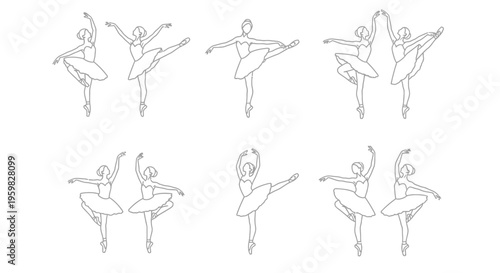 Line art illustration of ballerinas in various dynamic poses and formations