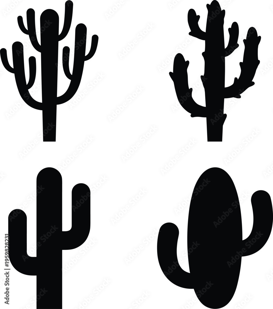 Fototapeta premium A set of four black silhouette cacti in various shapes and sizes on a white background, representing a desert landscape concept in a simple line art design.