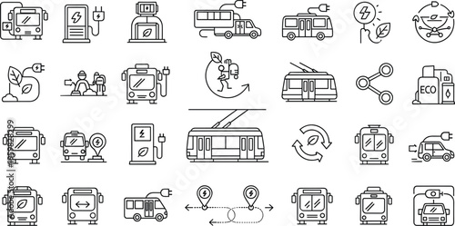 Electric Transportation and Charging Icons Set Featuring Electric Buses, Charging Stations, Sustainable Mobility, and Eco-Friendly Transport Symbols