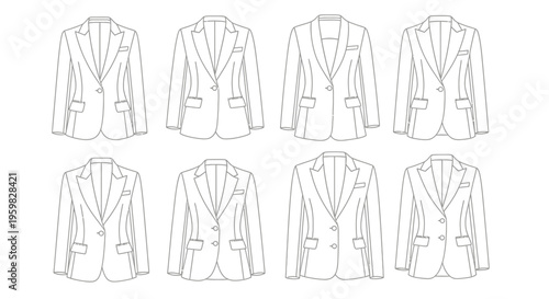 Line art illustration of eight different women's blazer styles in a grid format