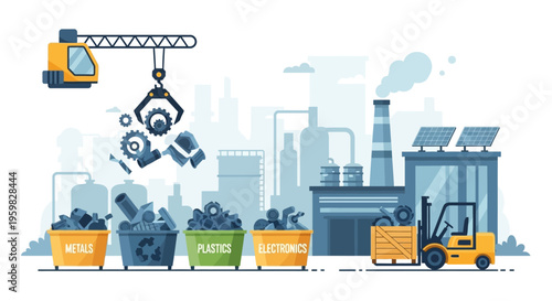 Sustainable Industrial Recycling Process: Waste Sorting of Metals, Plastics, and Electronics in a Modern Factory