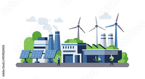 Sustainable Industry: Factory with Solar Panels, Wind Turbines & Traditional Power Sources