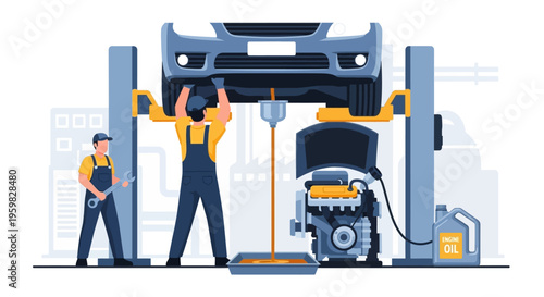Professional Auto Mechanics Performing Oil Change and Vehicle Maintenance on a Hydraulic Lift in a Repair Shop. Car Service Illustration.