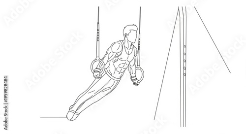 Gymnast performing on rings, showcasing strength and balance in artistic gymnastics.