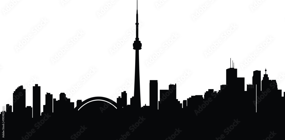 Obraz premium A set of vector silhouette illustrations featuring a city skyline with a prominent tower and modern design elements