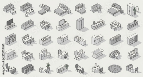 Isometric Office Furniture Set - Detailed Vector Illustration for Interior Design.