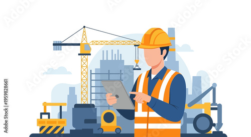 Engineer or Foreman with Tablet at Construction Site: Digital Project Management and Urban Development Illustration