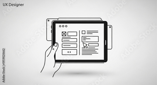 Hand holding tablet displaying user interface design concept.