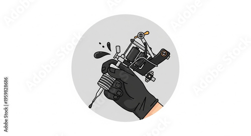 Hand in black glove holding tattoo machine with ink splatter.