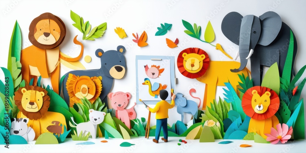 Fototapeta premium Papercraft scene depicts child drawing animals. Lush foliage surrounds playful wildlife, creating vibrant, whimsical display.