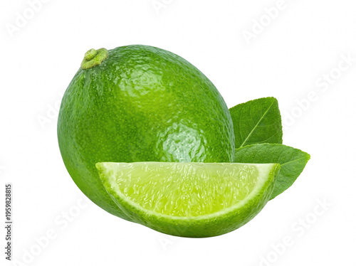 Fresh Whole Green Lime with Juicy Slice and Vibrant Leaves on Dark Surface