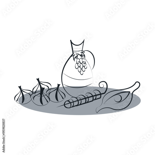 Georgian food still life with khinkali khachapuri and wine jug line art