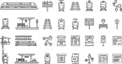 Train Station and Railway Icons Set Featuring High-Speed Trains, Platforms, Timetables, and Rail Network Symbols