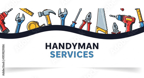Handyman Services Illustration with Tools - Hammer, Wrench, Screwdriver, and More.