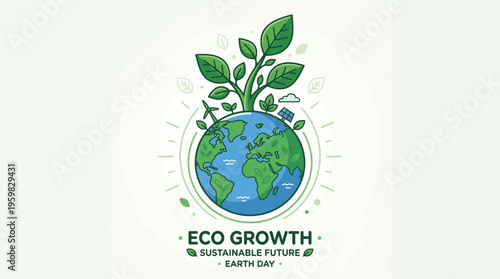 Vibrant flat vector illustration for Earth Day, promoting renewable energy. Showcasing wind turbines and solar power for a sustainable, healthier planet