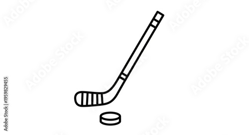 Hockey stick and puck line art illustration for sports design.