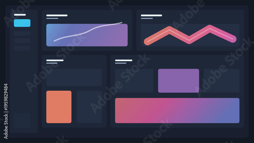 Dark gradient UI dashboard background with neon analytics cards, futuristic admin panels, and premium editable interface layout for digital apps