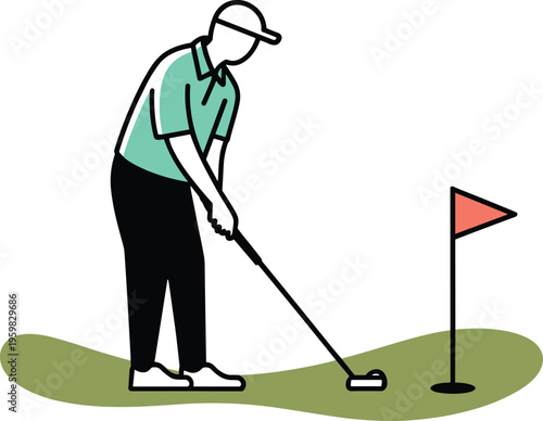 Male golfer wearing a turquoise shirt putting a ball into a hole with a red flag on a green grass patch