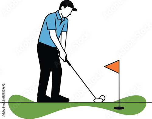Male golfer in a blue shirt putting a golf ball toward a hole with an orange flag on a green