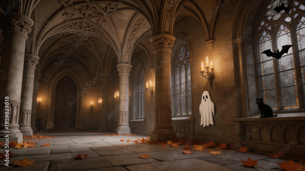 Obraz premium Luxury gothic halloween decor ghost candlelit cathedral corridor with autumn leaves and black cat creating eerie elegant mood
