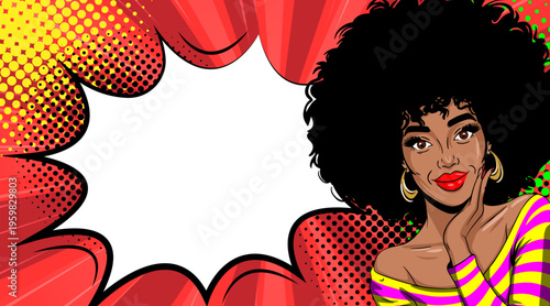 Pop Art African American Woman with Afro Hair - Retro Comic Book Style Illustration with Red Speech Bubble and Comic Elements