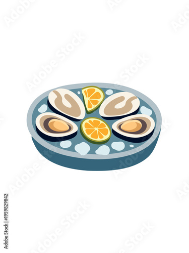plate of oysters with lemon isolated on clean white background