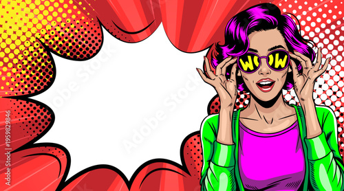 Pop Art Woman with Purple Hair and WOW Sunglasses - Retro Comic Book Style Illustration with Red Speech Bubble and Comic Elements