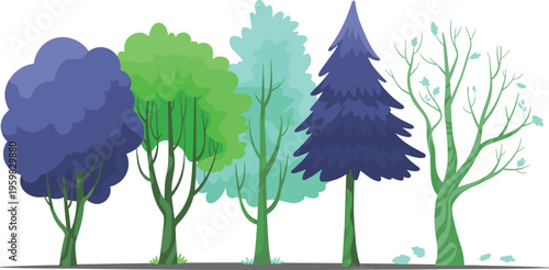 Collection of stylized trees in cool color tones including purple blue and green representing different forest species for natural environment design