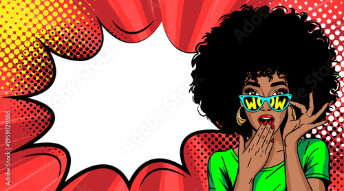 Pop Art African American Woman with Afro Hair and WOW Sunglasses Hands on Face - Retro Comic Book Style Illustration with Red Speech Bubble