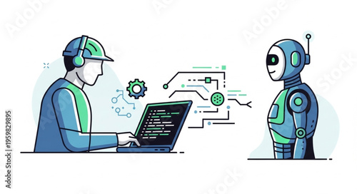 Human Programmer Coding AI Robot - Technology and Artificial Intelligence.