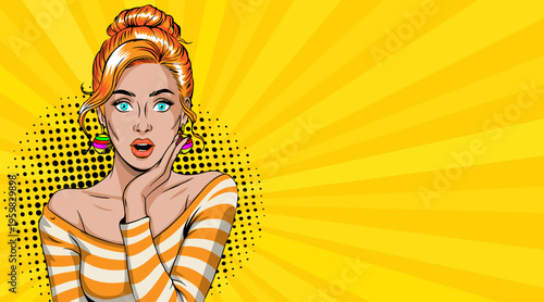 Pop Art Blonde Woman with Hair Bun Hands on Face Surprised - Retro Comic Book Style Illustration on Yellow Sunburst Background